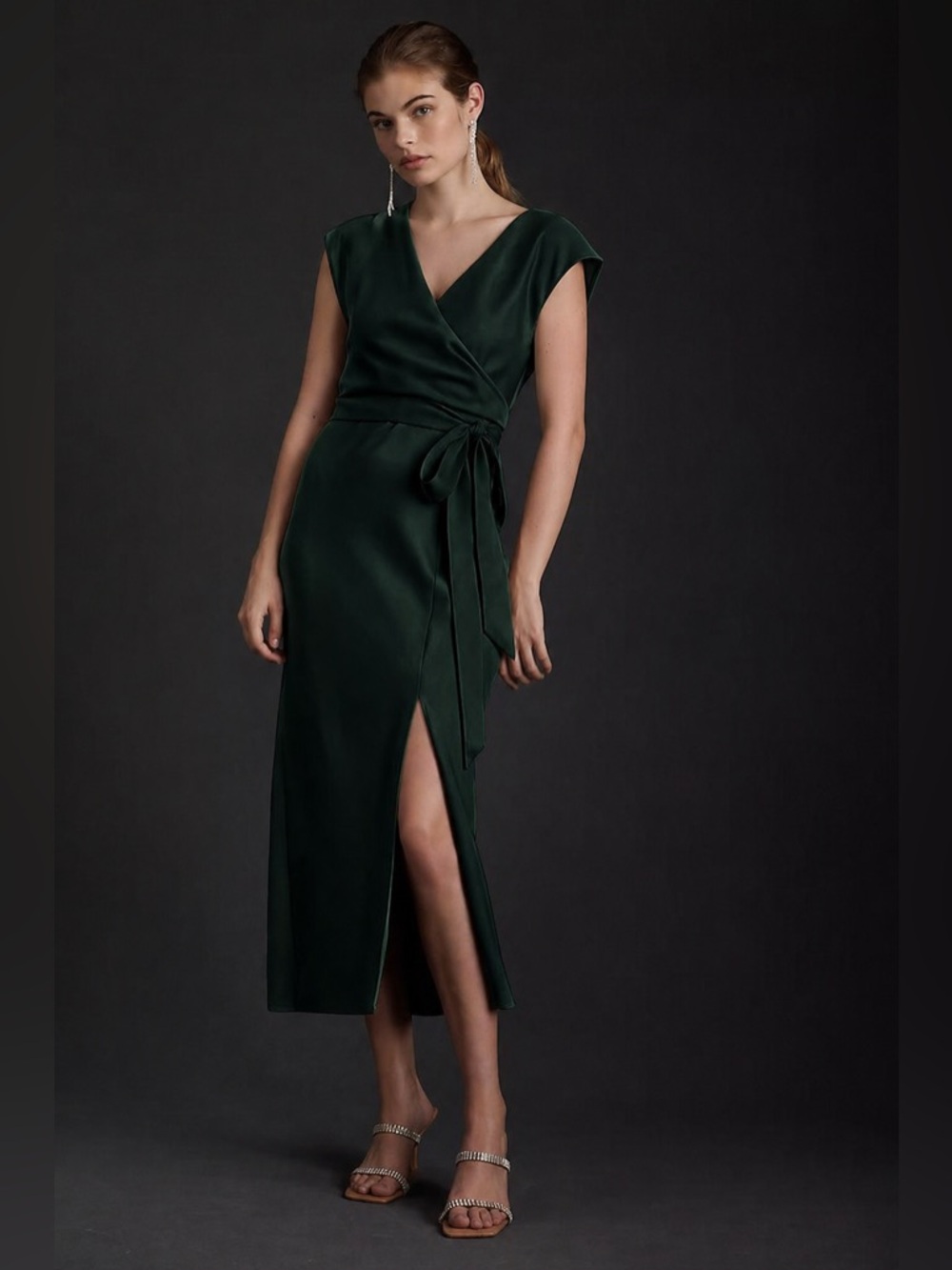 BHLDN Louisa Midi Top Wrap Dress Dark Green Size 2